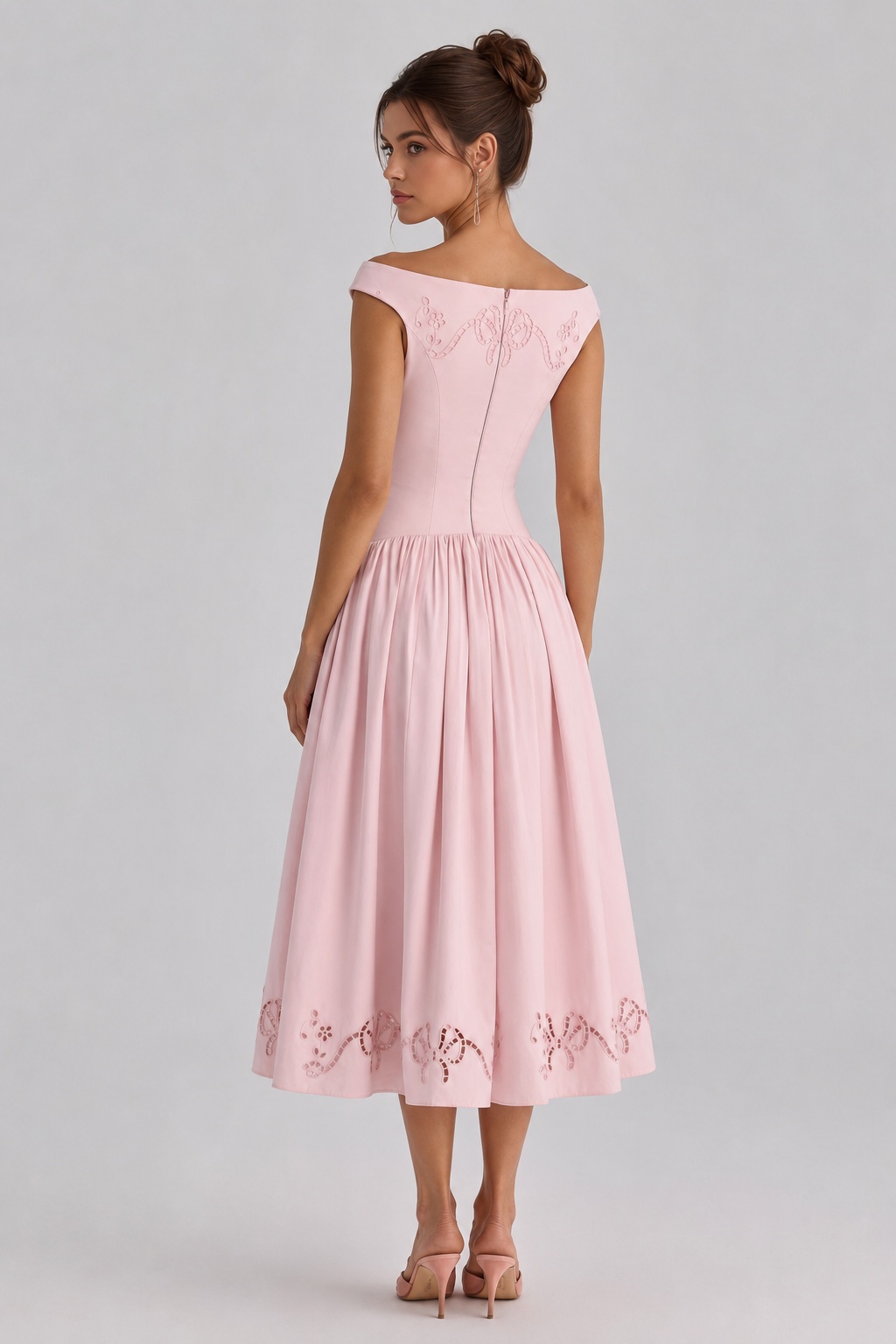 Rose Light Pink Vintage Off Shoulder Cinched Waist Hollow Embroidery Midi Dress