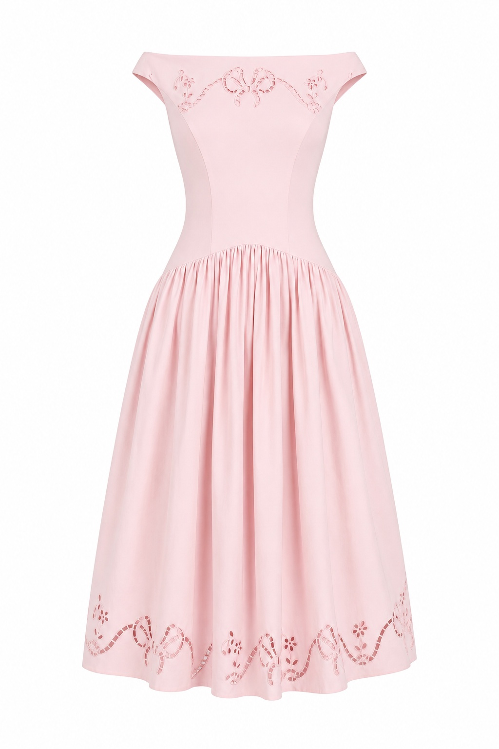 Rose Light Pink Vintage Off Shoulder Cinched Waist Hollow Embroidery Midi Dress