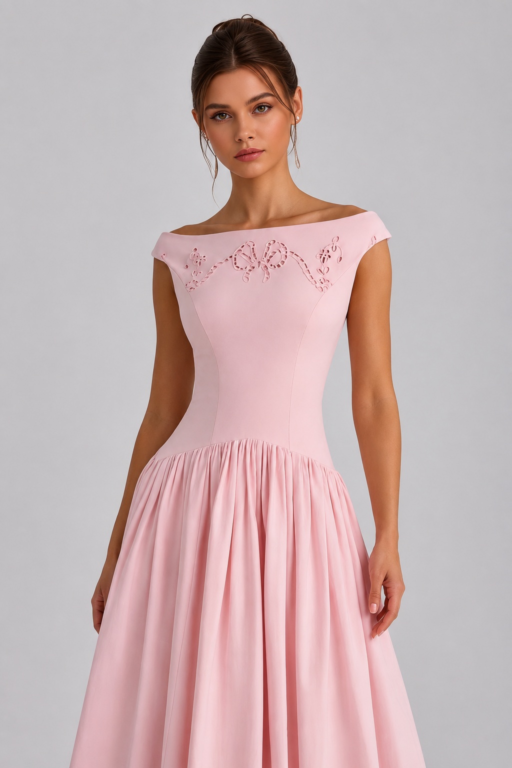 Rose Light Pink Vintage Off Shoulder Cinched Waist Hollow Embroidery Midi Dress