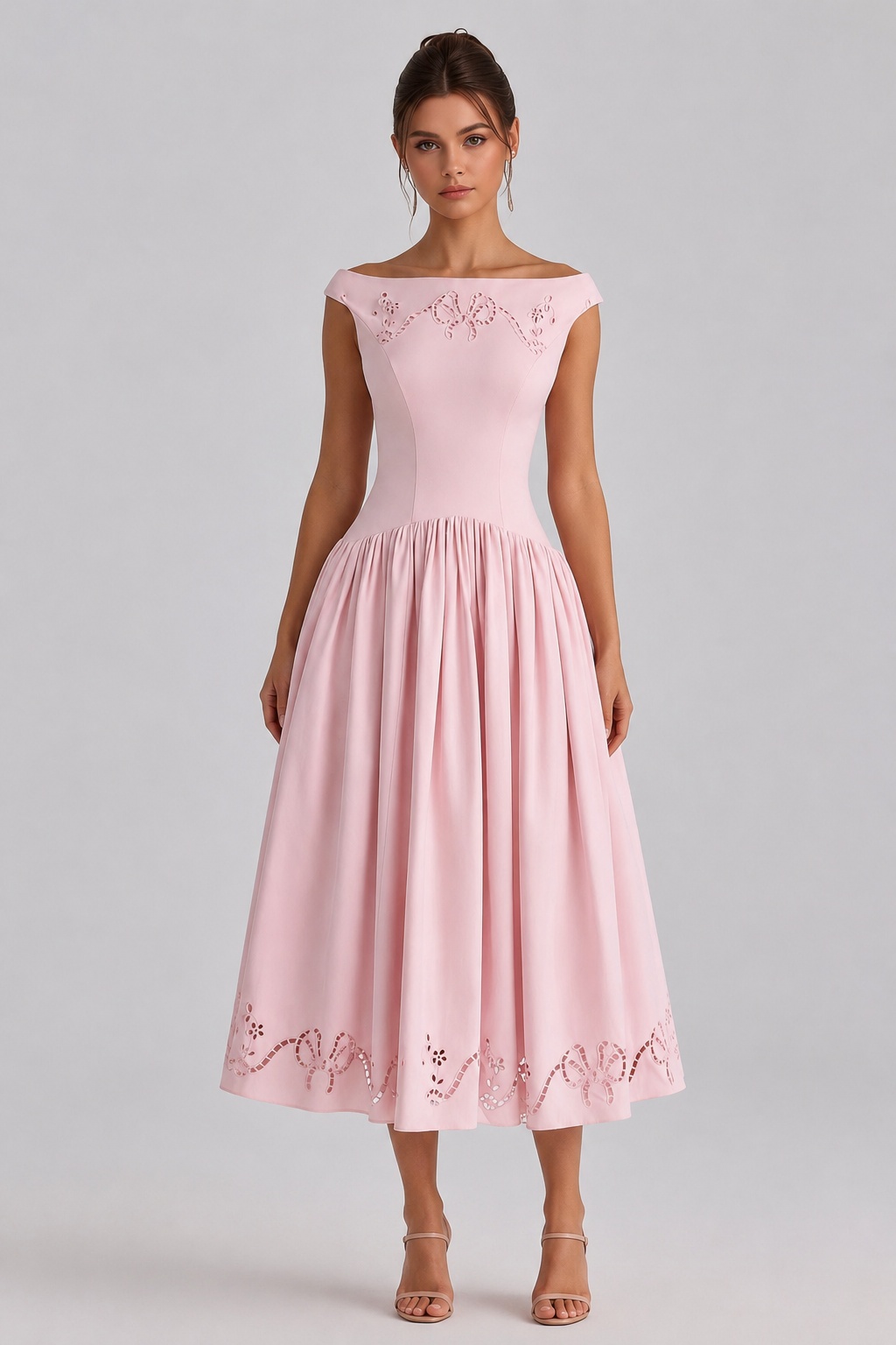 Rose Light Pink Vintage Off Shoulder Cinched Waist Hollow Embroidery Midi Dress
