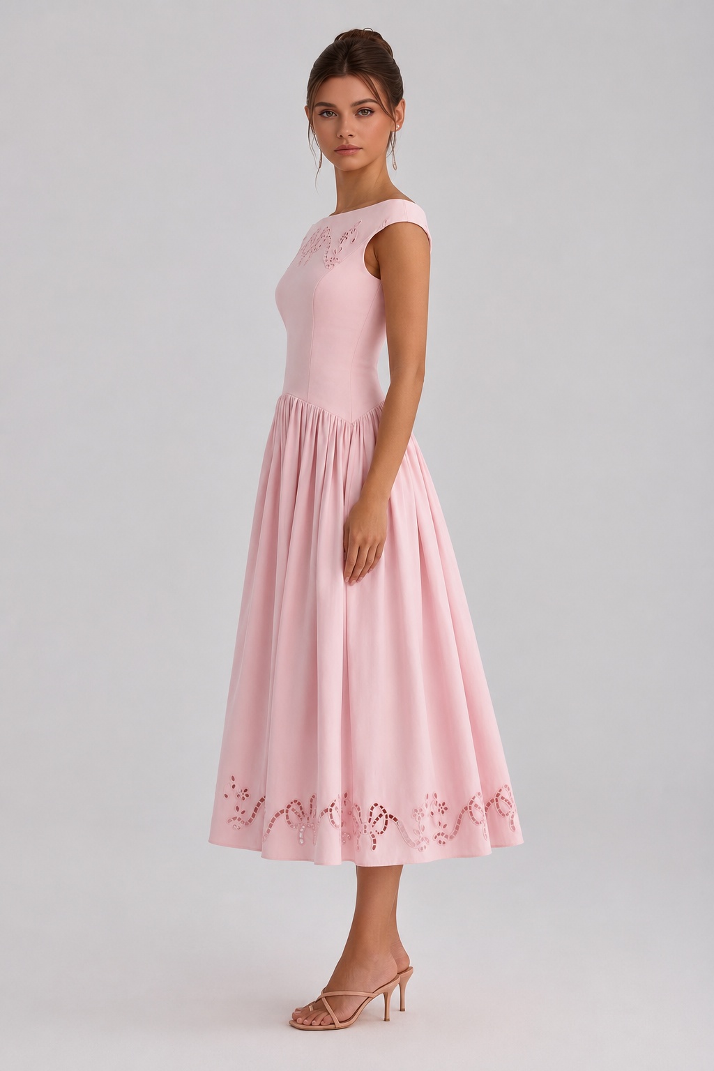 Rose Light Pink Vintage Off Shoulder Cinched Waist Hollow Embroidery Midi Dress
