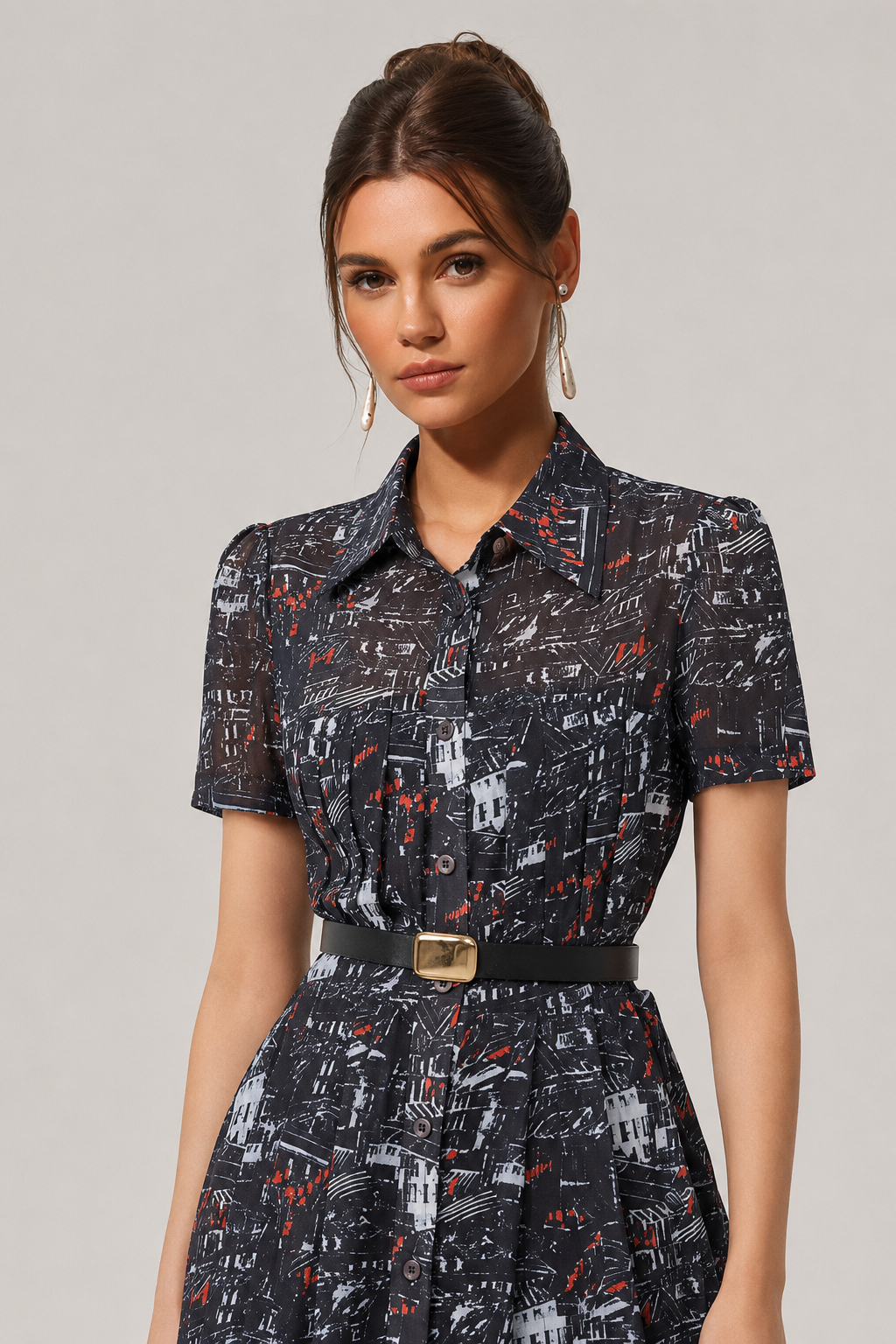 Gabriella Luxe Printed Chiffon Cinched Waist Dress