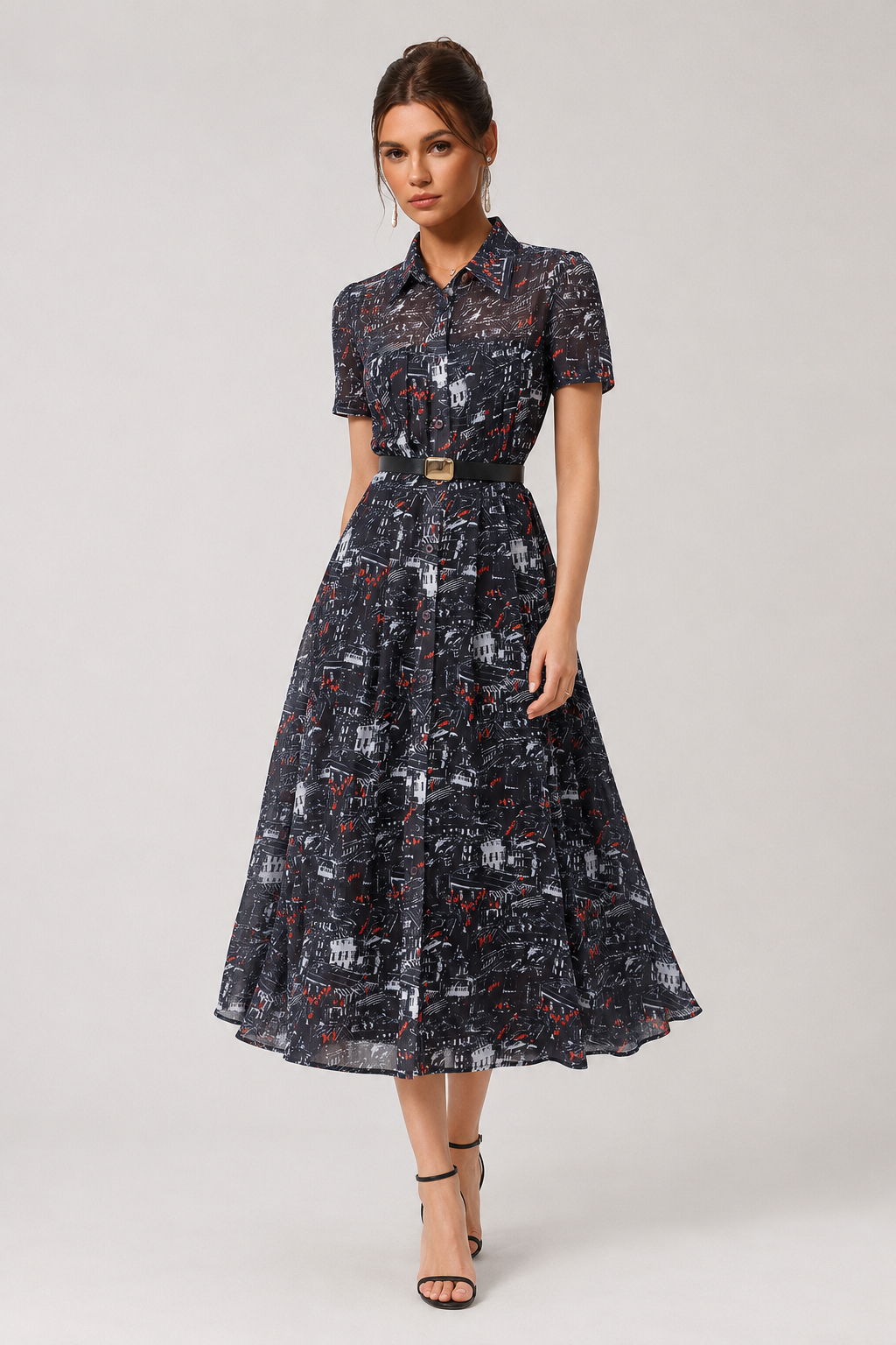 Gabriella Luxe Printed Chiffon Cinched Waist Dress