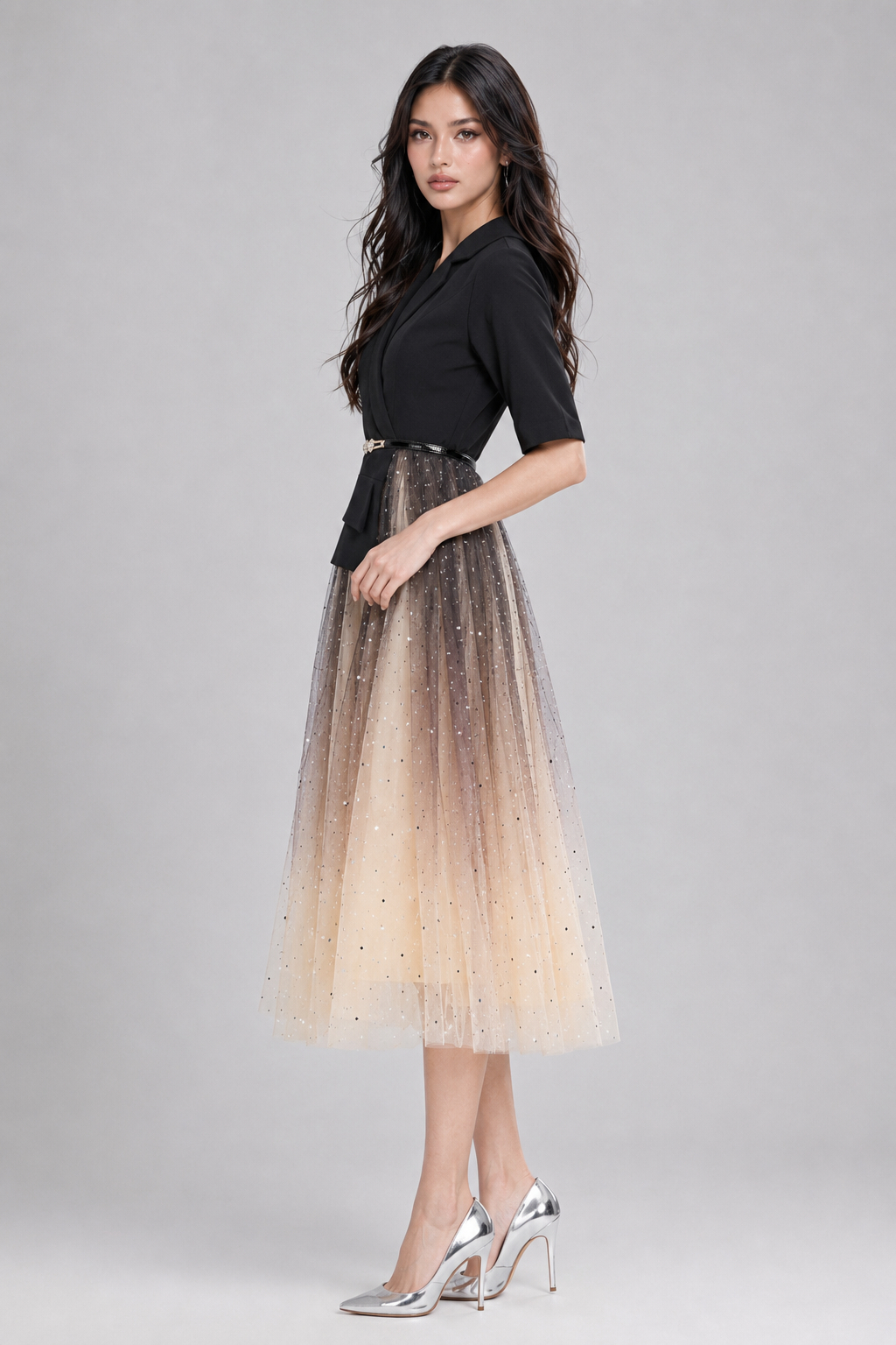 Odette Blazer Style Mesh Paneled Maxi Dress