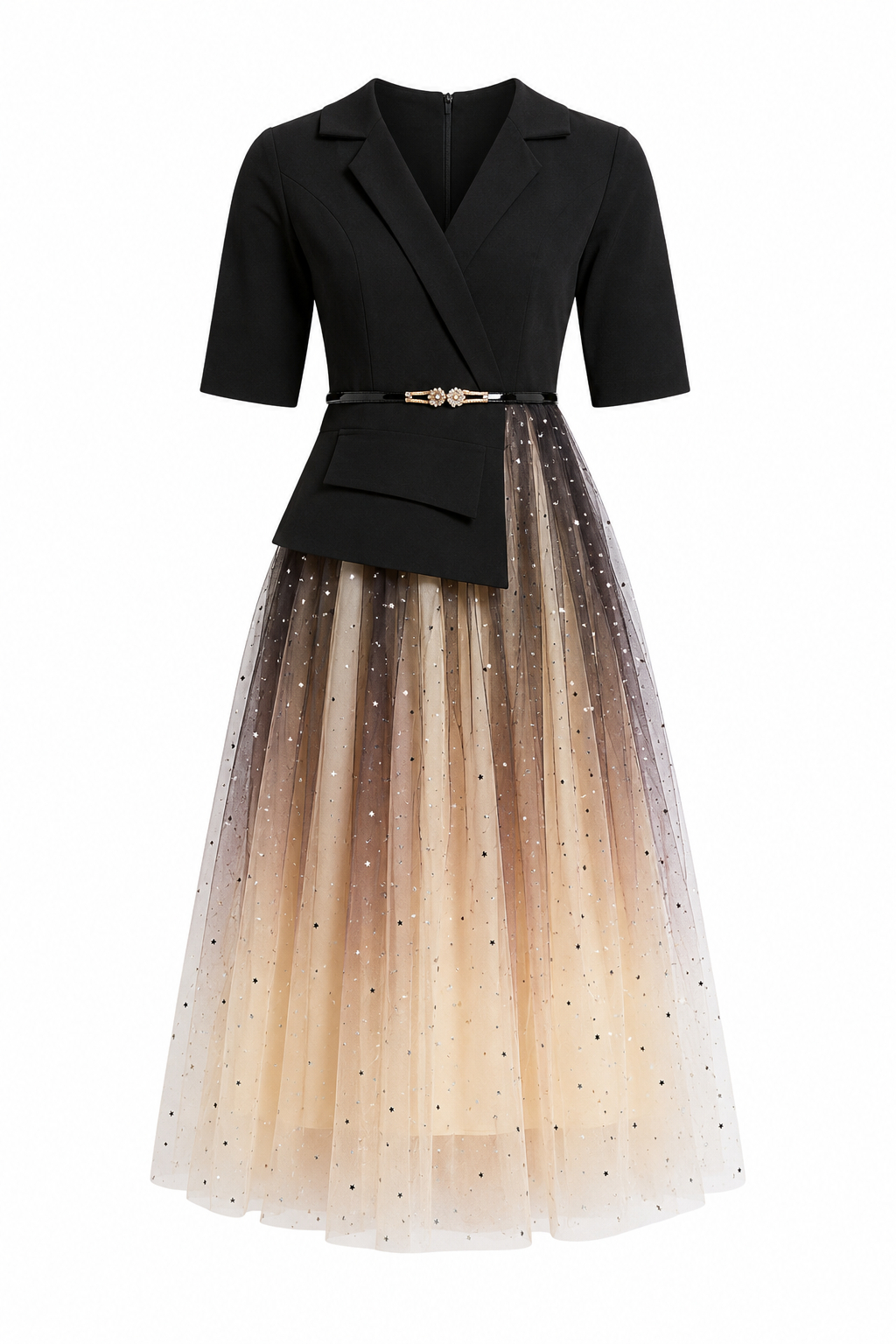 Odette Blazer Style Mesh Paneled Maxi Dress