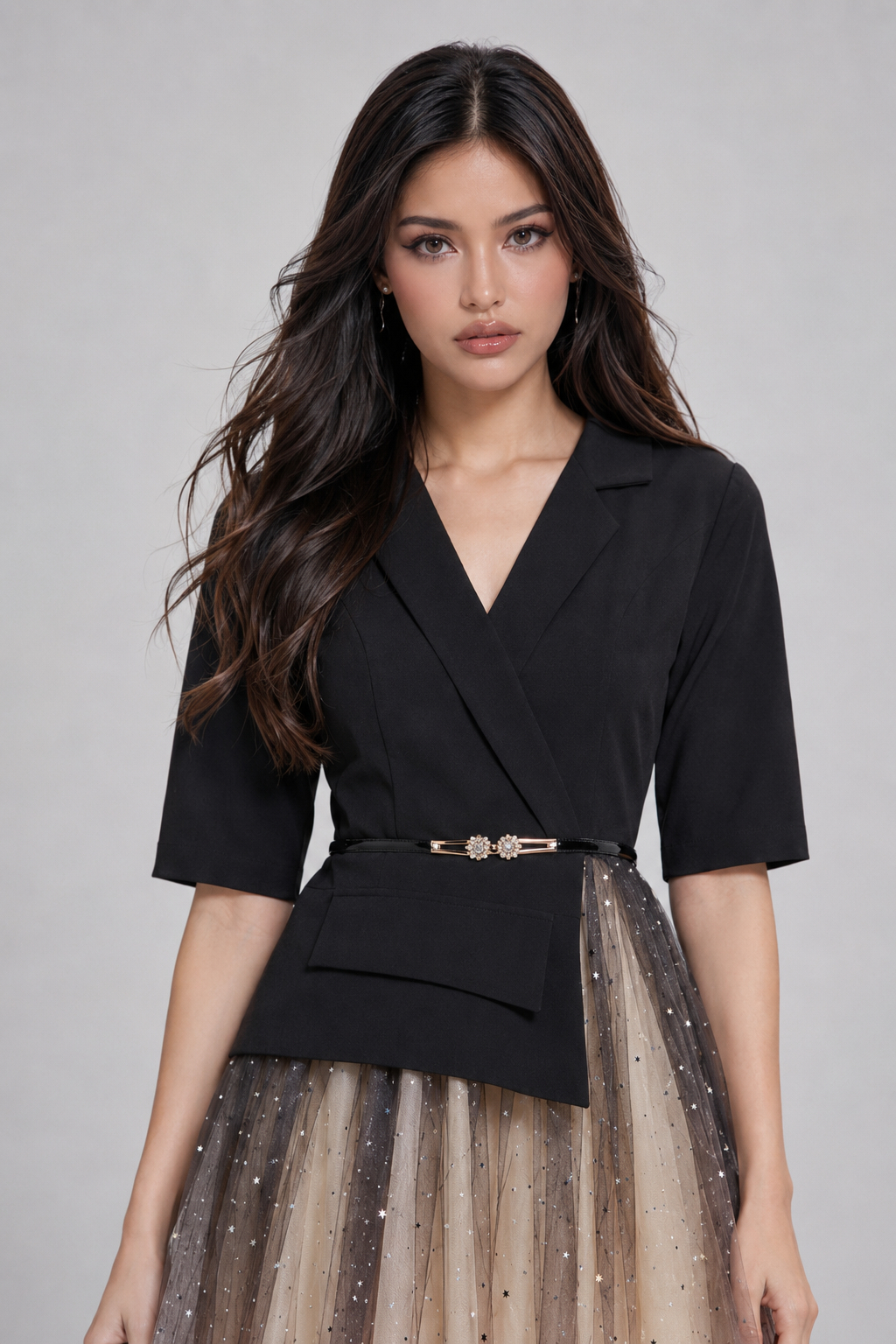 Odette Blazer Style Mesh Paneled Maxi Dress