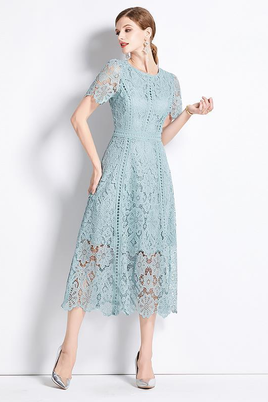 Ffion Round Neck Ruffled Sleeves Lace Dress