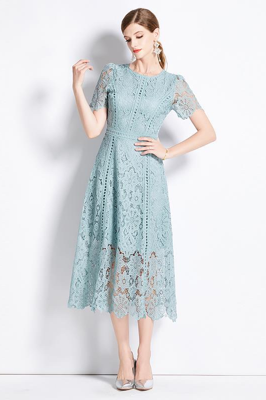 Ffion Round Neck Ruffled Sleeves Lace Dress