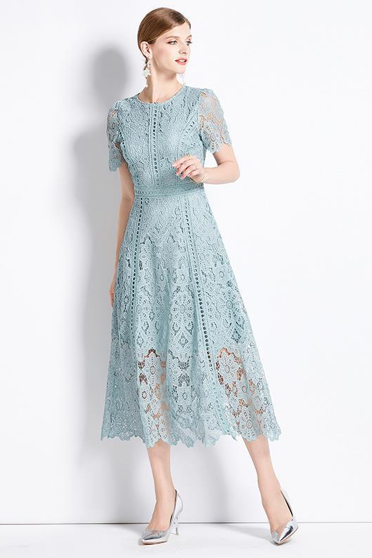Ffion Round Neck Ruffled Sleeves Lace Dress