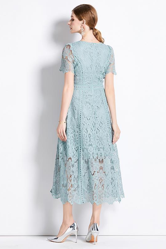 Ffion Round Neck Ruffled Sleeves Lace Dress