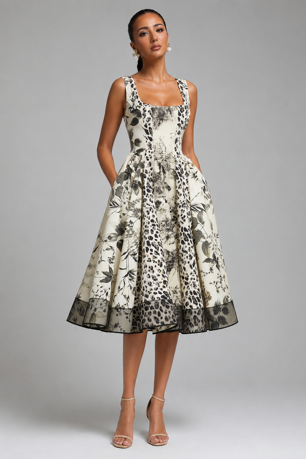 Olwen Square Neck Sleeveless Ink Wash Print Cinched Waist Slimming Midi Dress