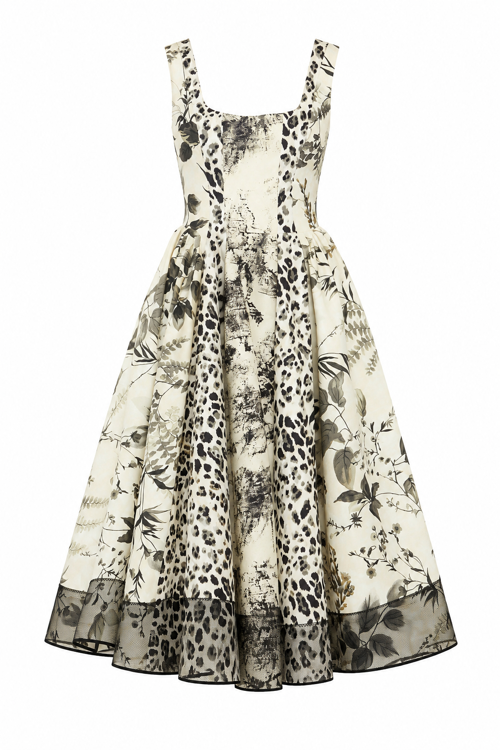 Olwen Square Neck Sleeveless Ink Wash Print Cinched Waist Slimming Midi Dress