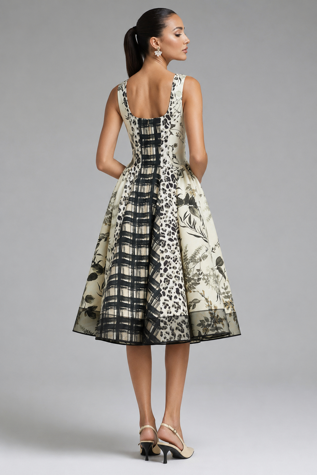 Olwen Square Neck Sleeveless Ink Wash Print Cinched Waist Slimming Midi Dress