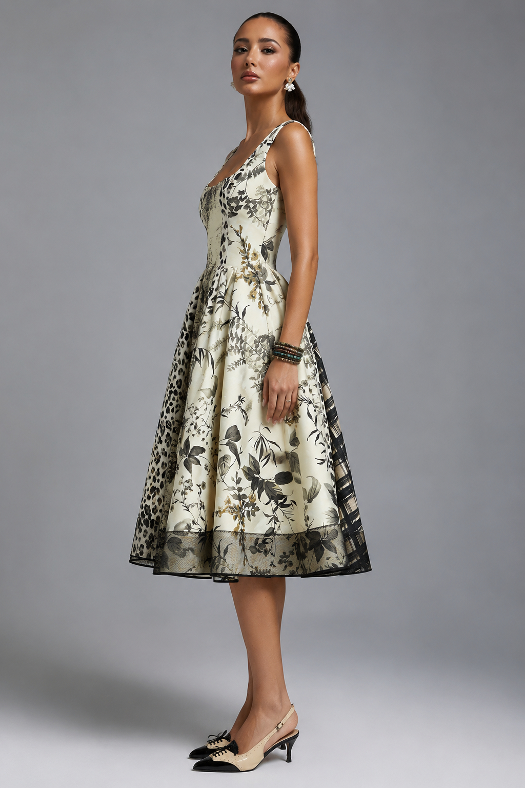 Olwen Square Neck Sleeveless Ink Wash Print Cinched Waist Slimming Midi Dress