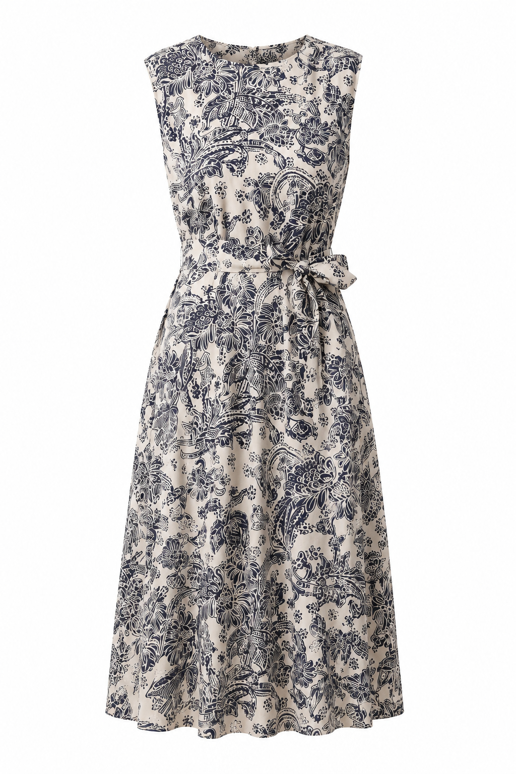 Graceful Vintage Print Tank Dress with Self-Tie Waist Belt