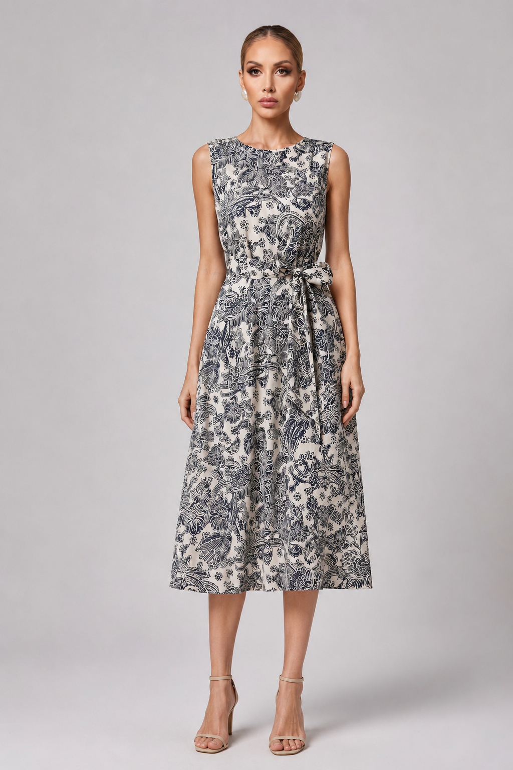 Graceful Vintage Print Tank Dress with Self-Tie Waist Belt