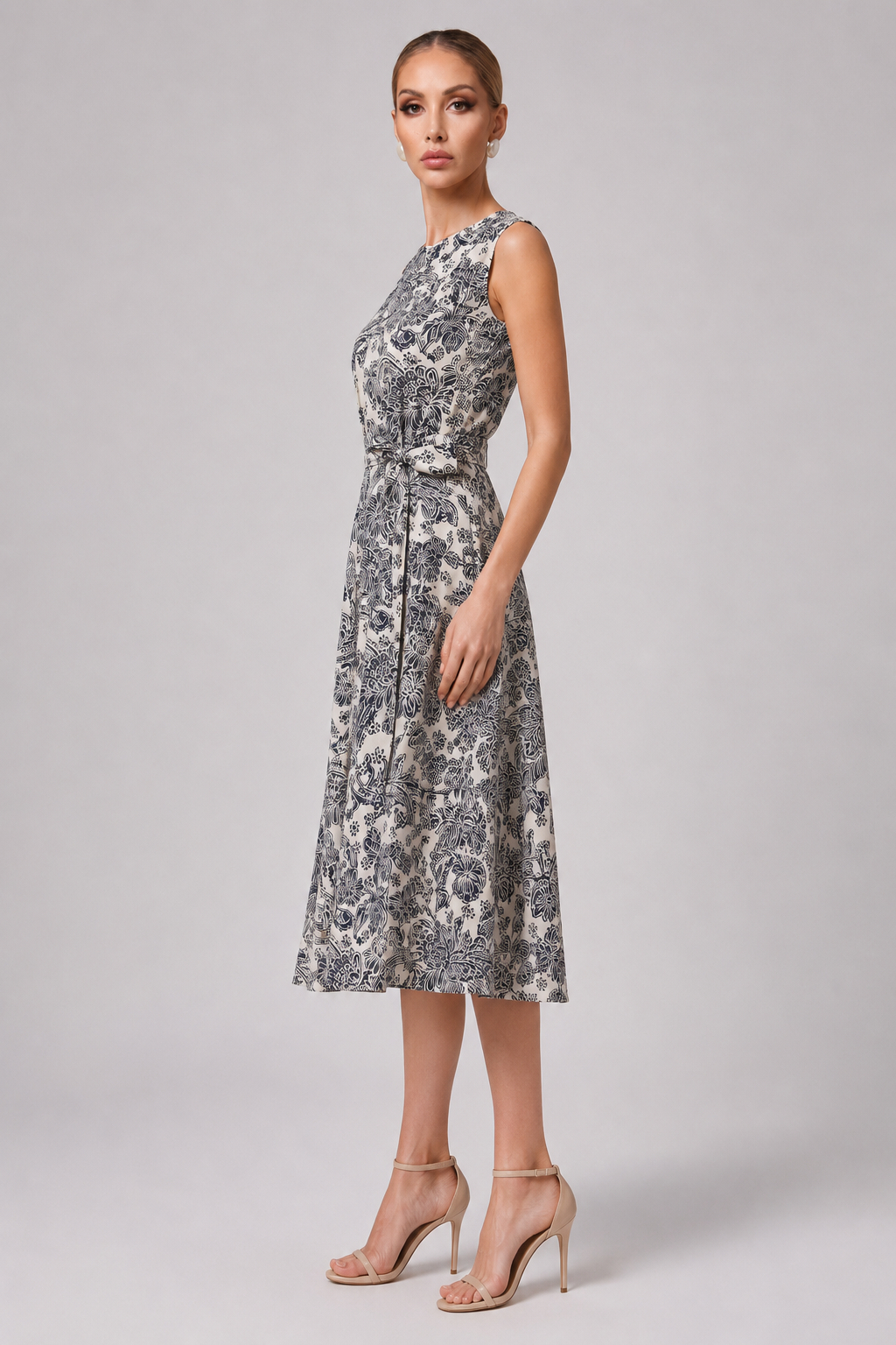 Graceful Vintage Print Tank Dress with Self-Tie Waist Belt