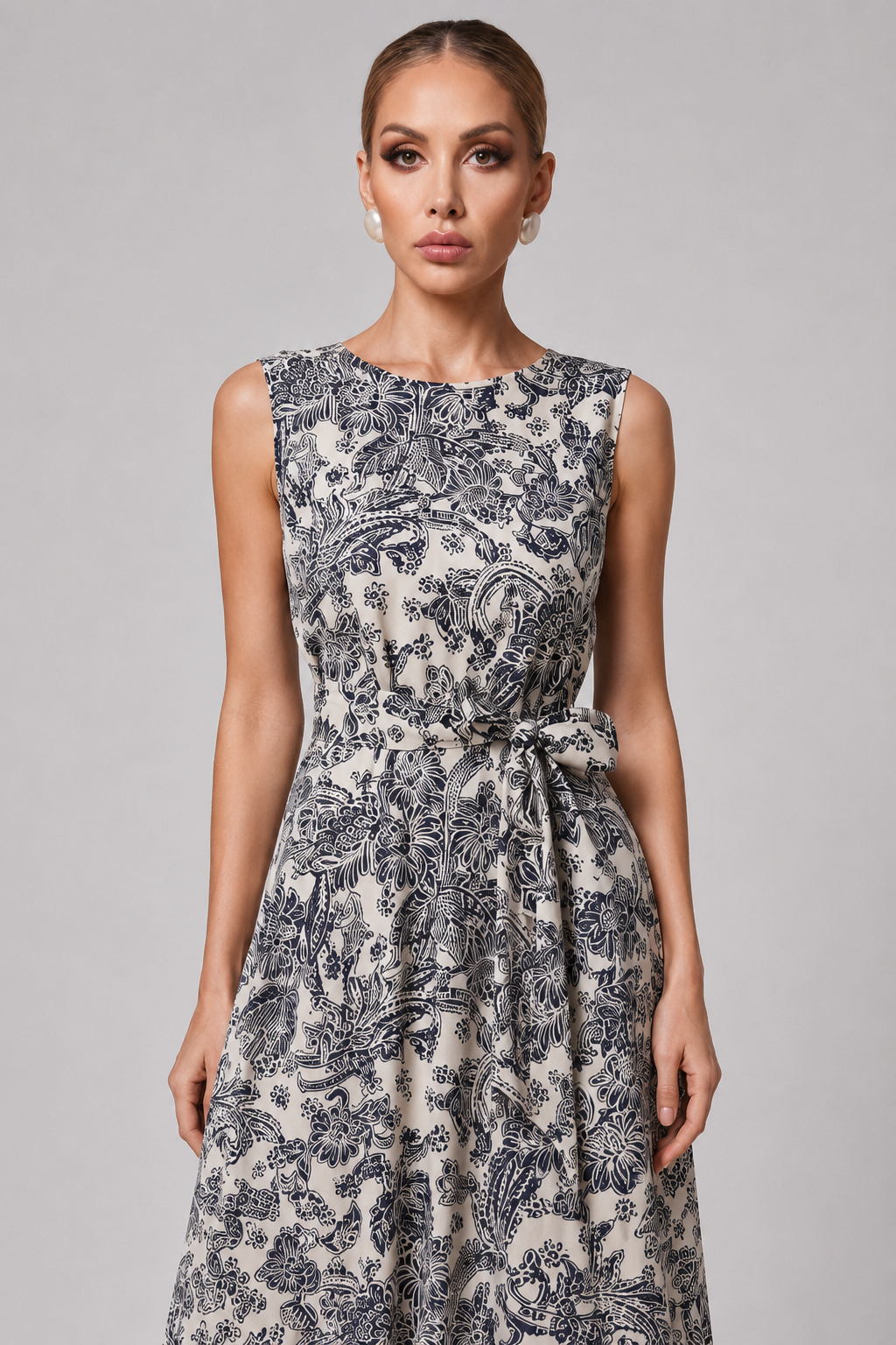 Graceful Vintage Print Tank Dress with Self-Tie Waist Belt