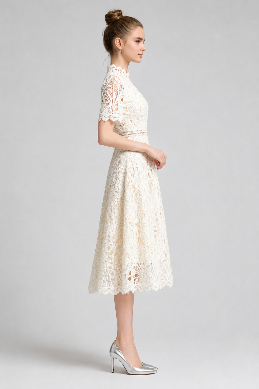 Zinnia Off-White Fan Cutwork Lace Midi Dress