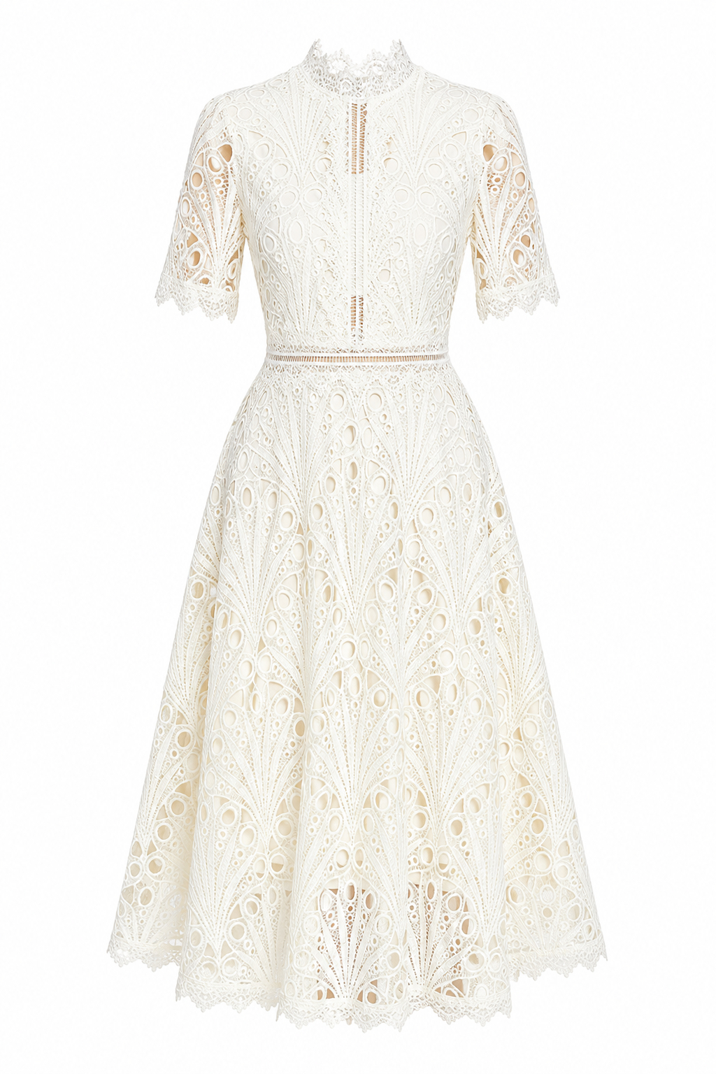 Zinnia Off-White Fan Cutwork Lace Midi Dress