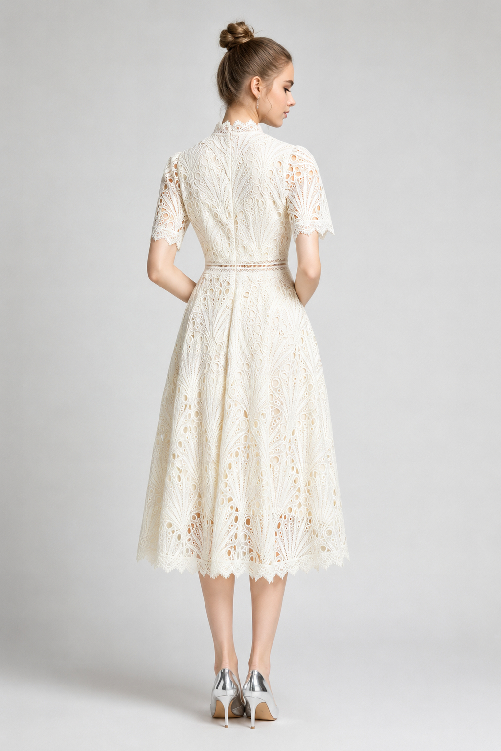 Zinnia Off-White Fan Cutwork Lace Midi Dress