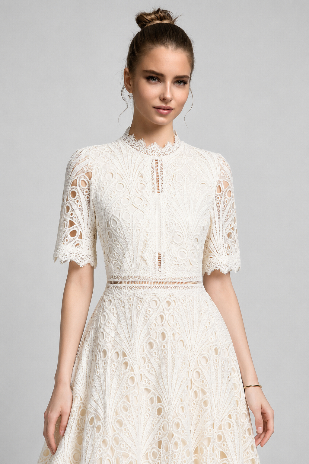 Zinnia Off-White Fan Cutwork Lace Midi Dress