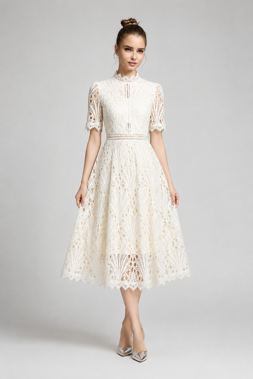 Zinnia Off-White Fan Cutwork Lace Midi Dress