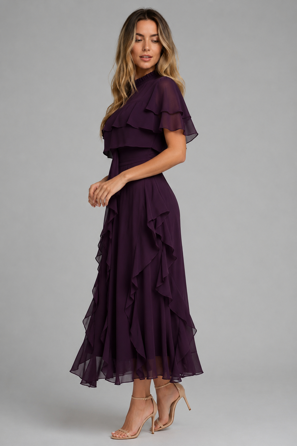 Lara Fashion Women Elegant Tiered Short Sleeve Waist-Cinched Tier Cake Midi Dress