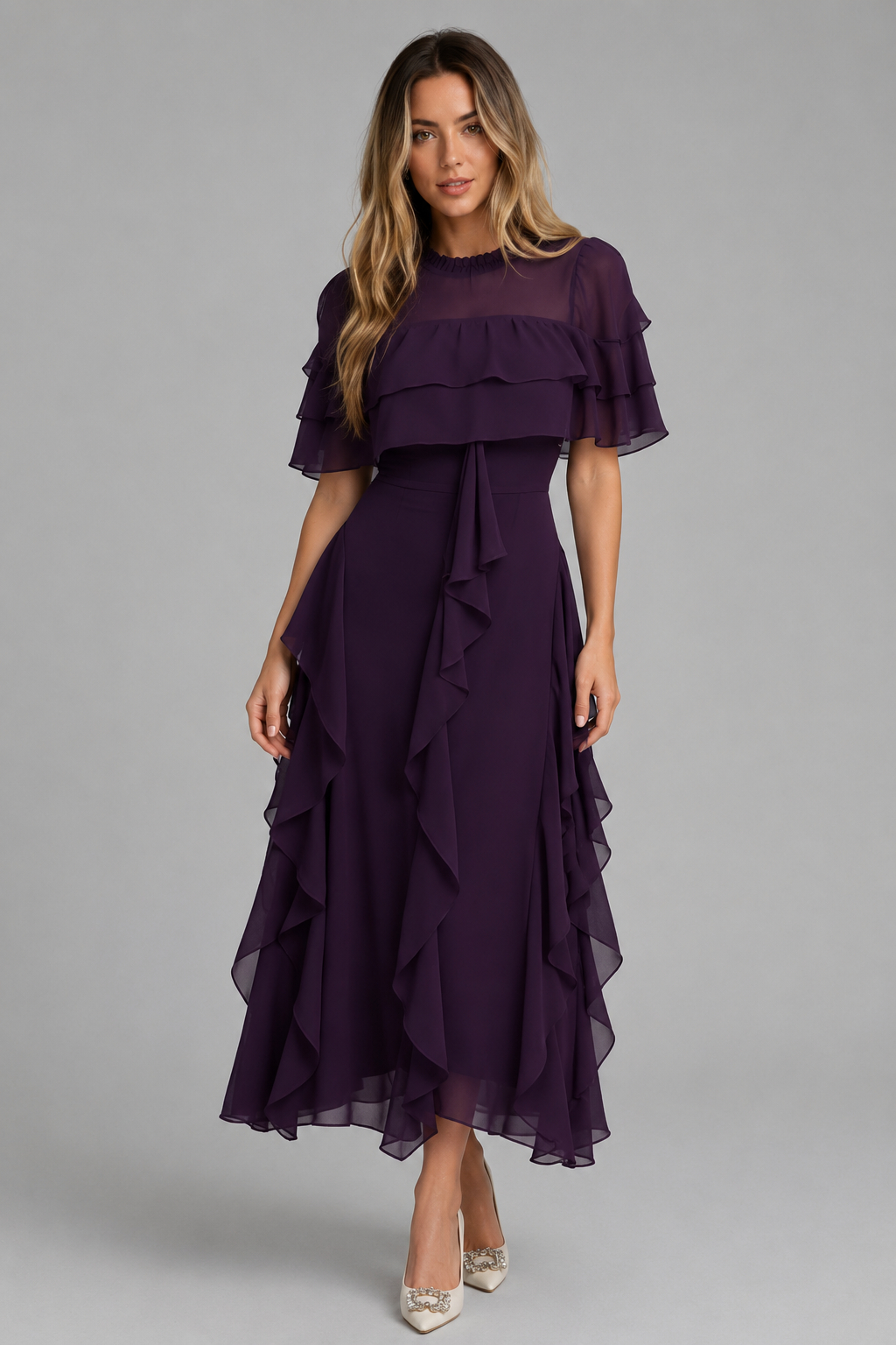 Lara Fashion Women Elegant Tiered Short Sleeve Waist-Cinched Tier Cake Midi Dress