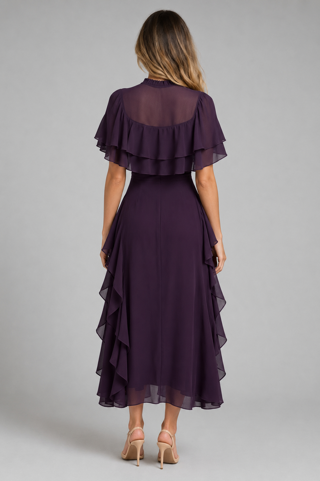 Lara Fashion Women Elegant Tiered Short Sleeve Waist-Cinched Tier Cake Midi Dress