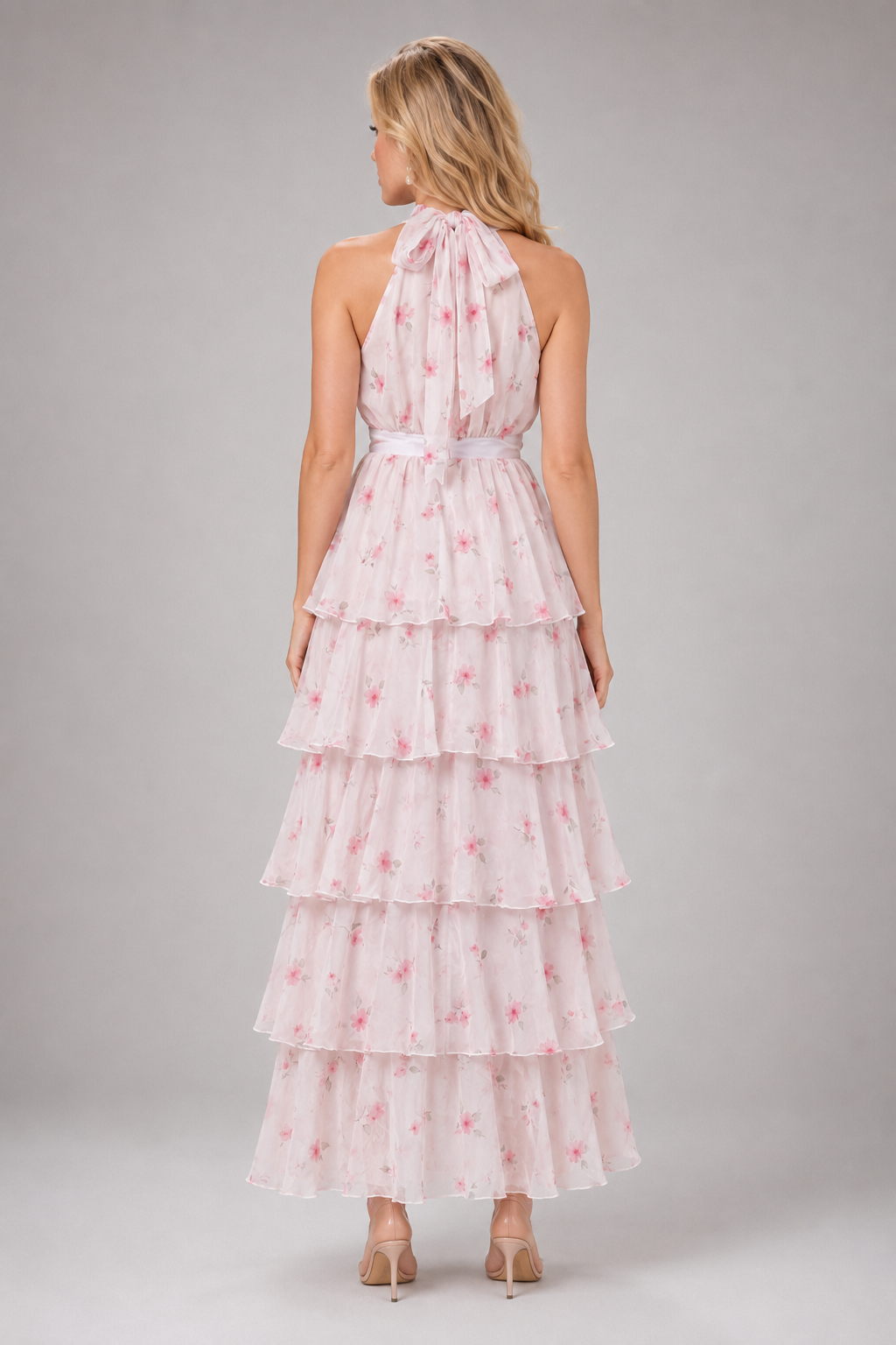 Alina Romantic Ditsy Floral Halter Waist-Cinched Ruffled Tiered Cake Maxi Dress