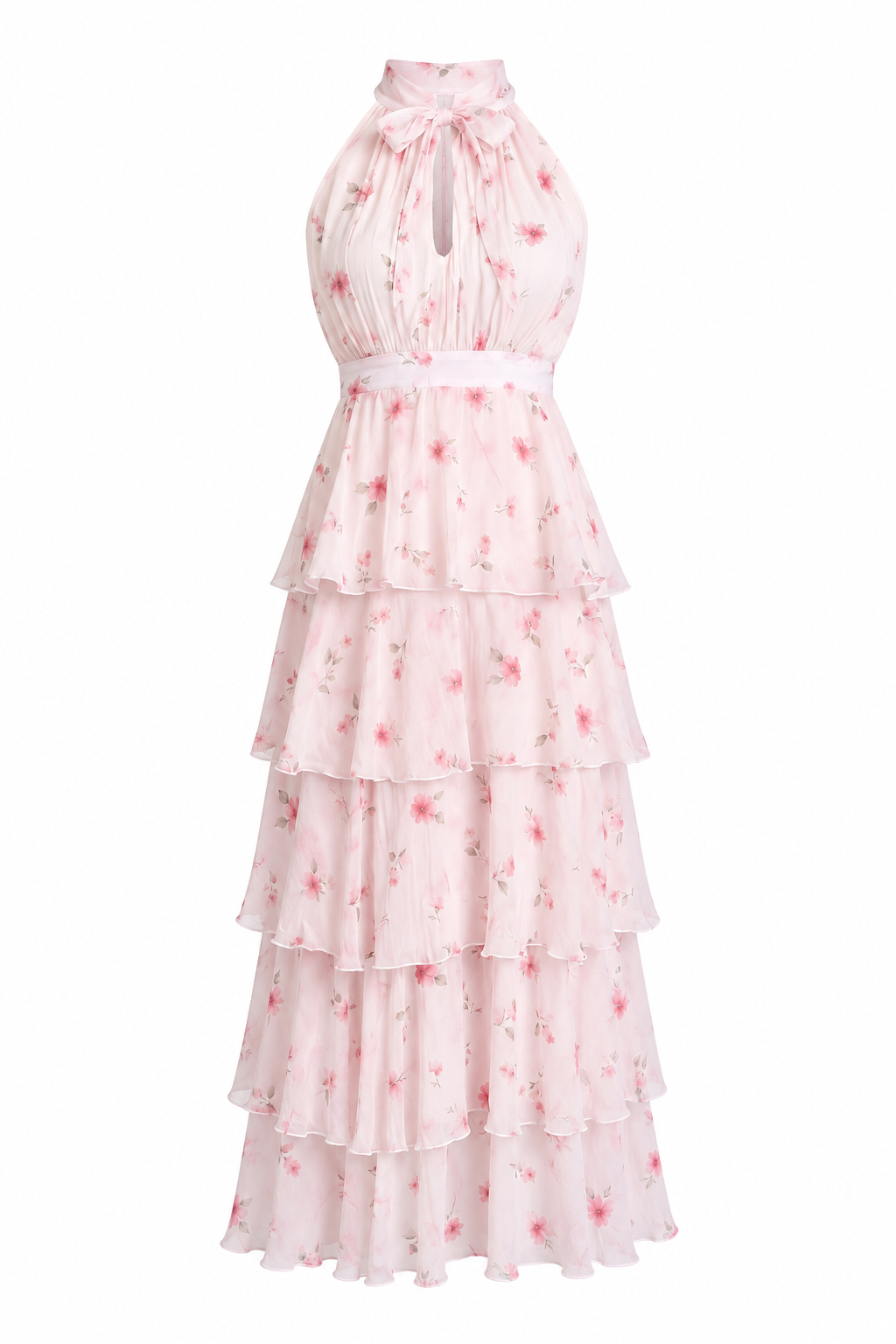 Alina Romantic Ditsy Floral Halter Waist-Cinched Ruffled Tiered Cake Maxi Dress