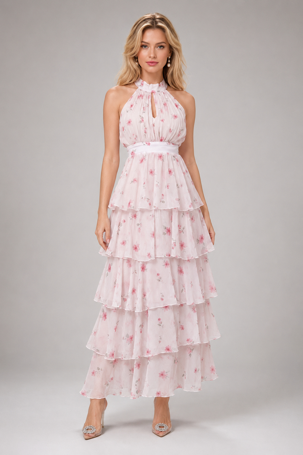 Alina Romantic Ditsy Floral Halter Waist-Cinched Ruffled Tiered Cake Maxi Dress