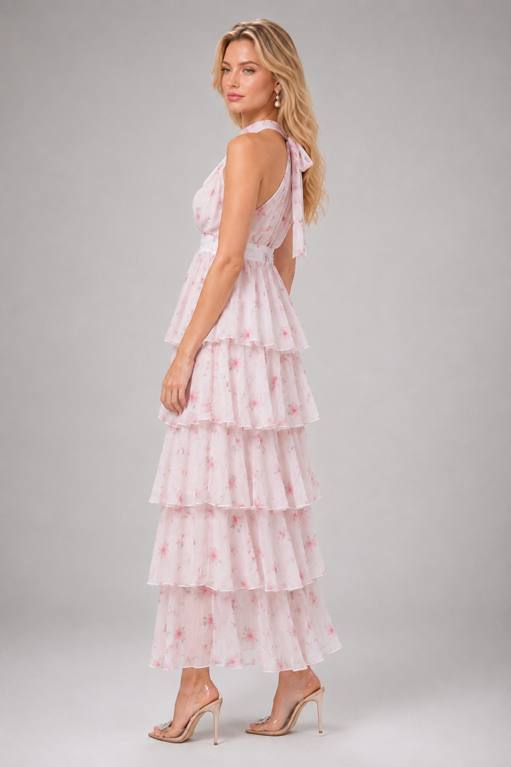 Alina Romantic Ditsy Floral Halter Waist-Cinched Ruffled Tiered Cake Maxi Dress