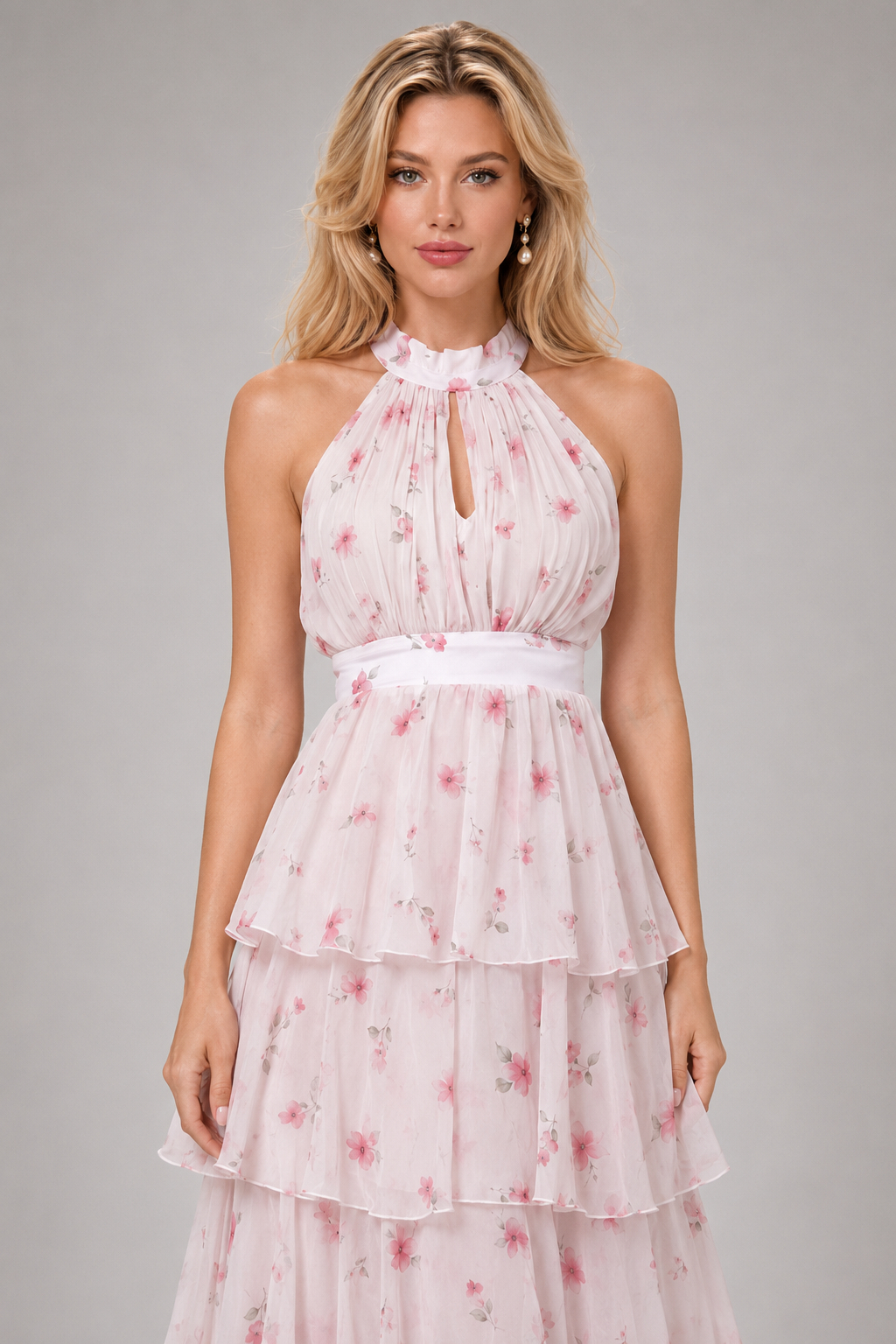 Alina Romantic Ditsy Floral Halter Waist-Cinched Ruffled Tiered Cake Maxi Dress