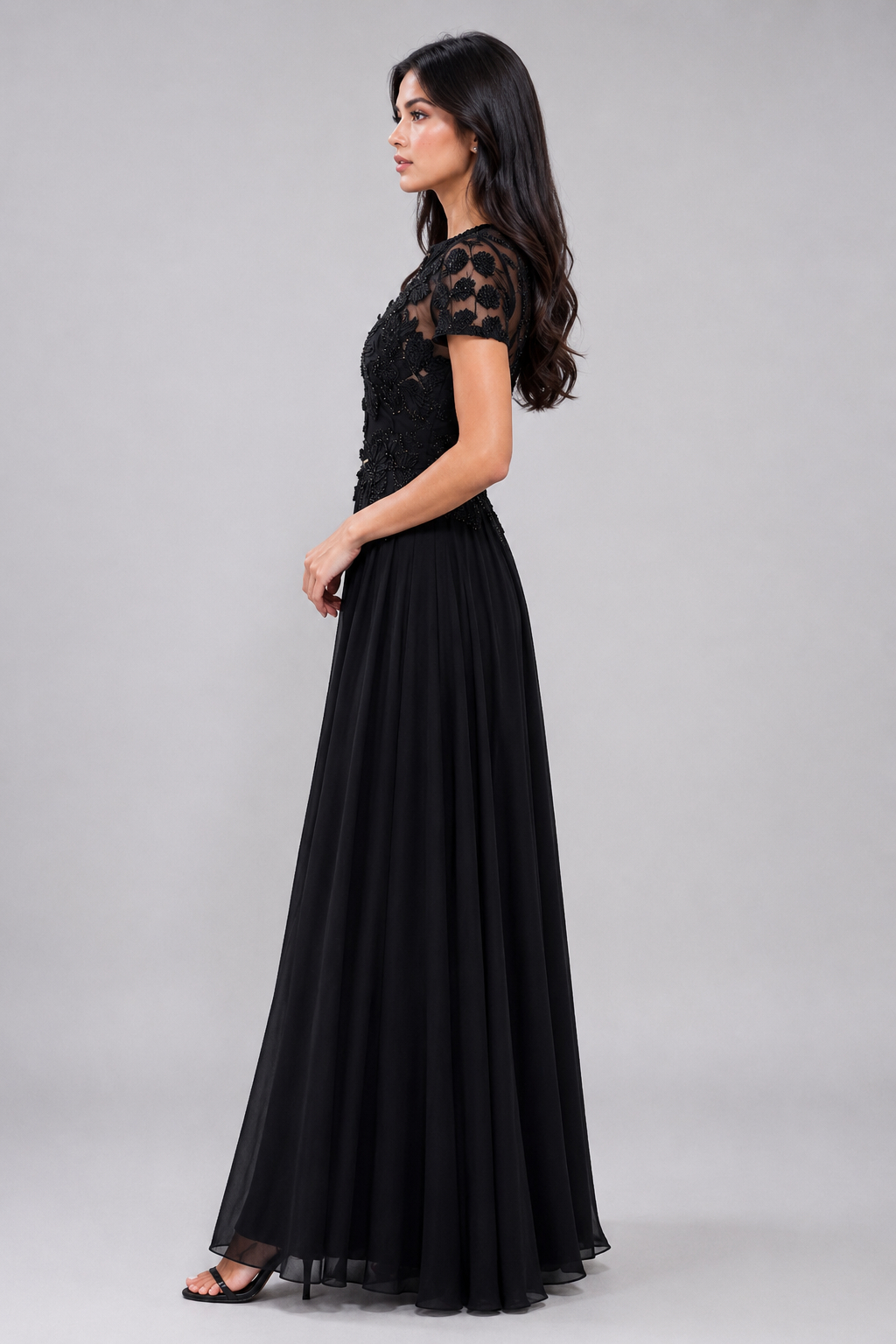 Wila Elegant Round Neck Waist-Cinched Solid Black Slim Fashion Midi Dress
