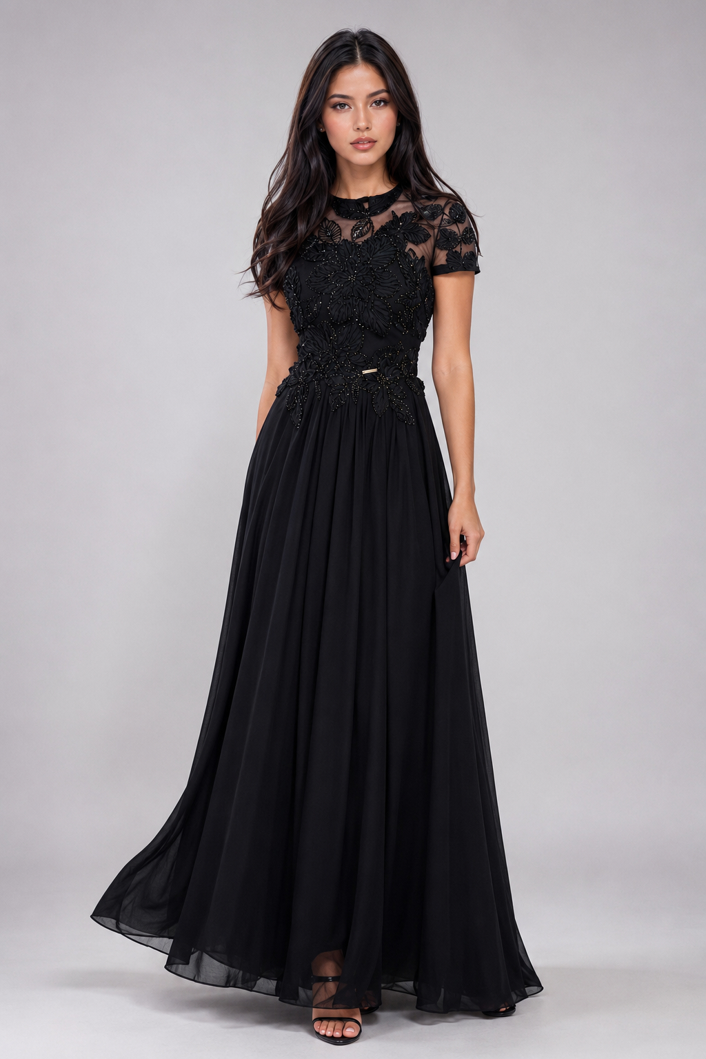 Wila Elegant Round Neck Waist-Cinched Solid Black Slim Fashion Midi Dress