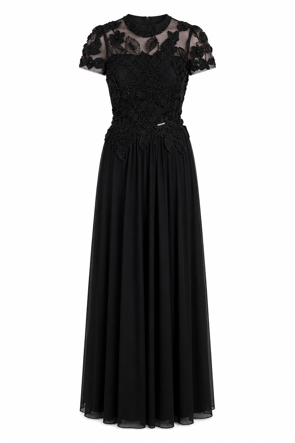 Wila Elegant Round Neck Waist-Cinched Solid Black Slim Fashion Midi Dress