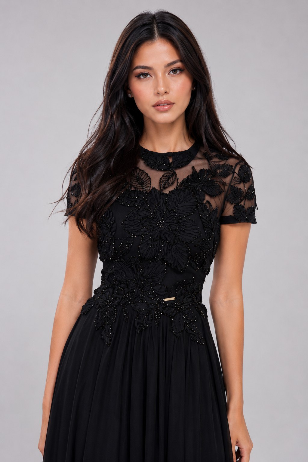 Wila Elegant Round Neck Waist-Cinched Solid Black Slim Fashion Midi Dress