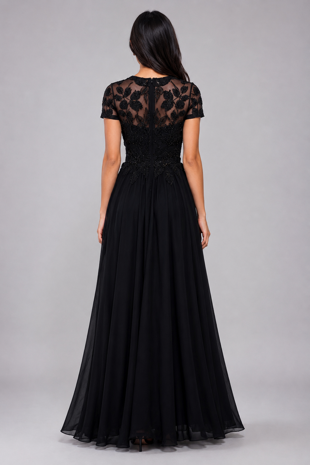Wila Elegant Round Neck Waist-Cinched Solid Black Slim Fashion Midi Dress