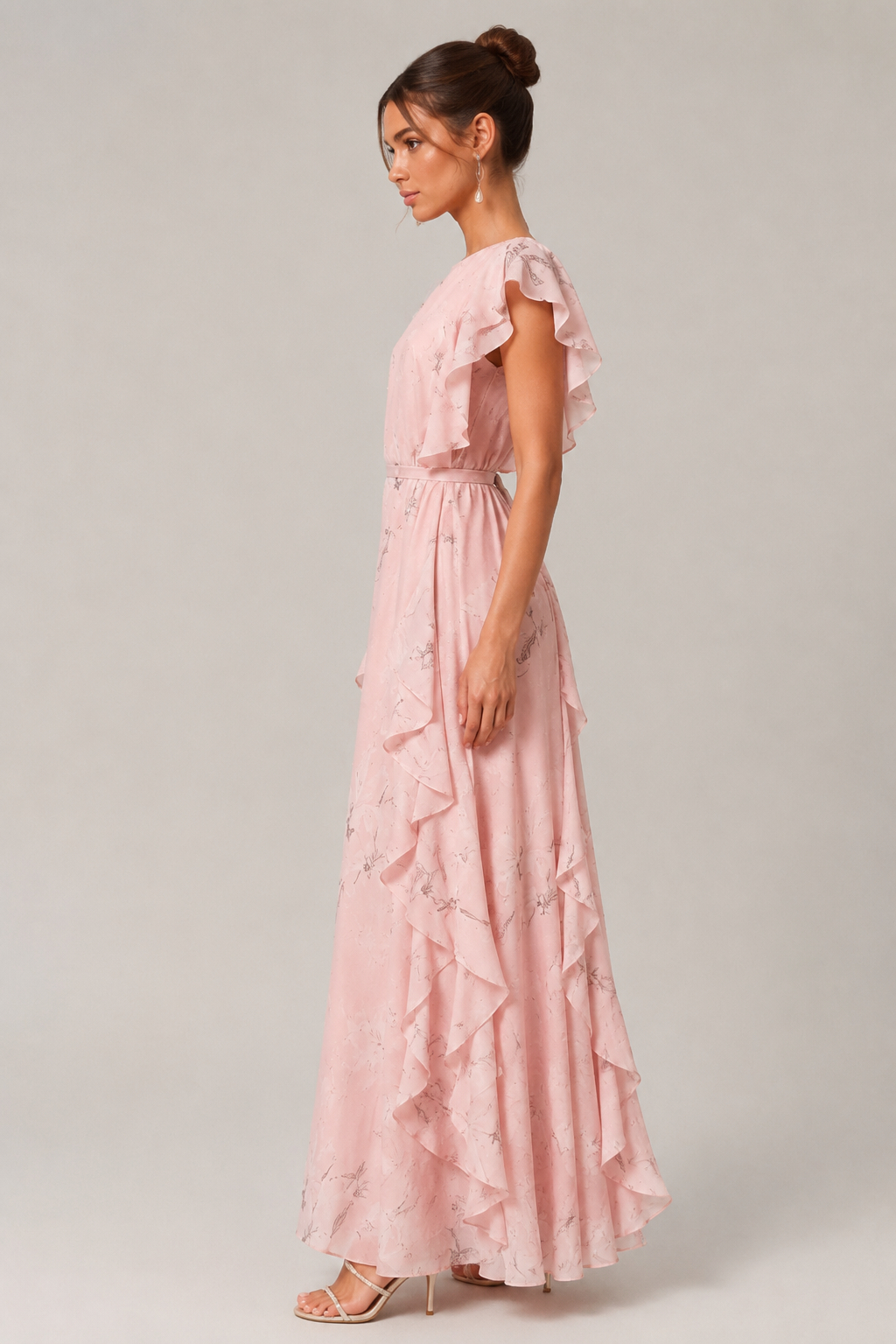 Diana Ruched Boat Neck Ruffled Waist-Cinched Slimming Short Sleeve Maxi Dress