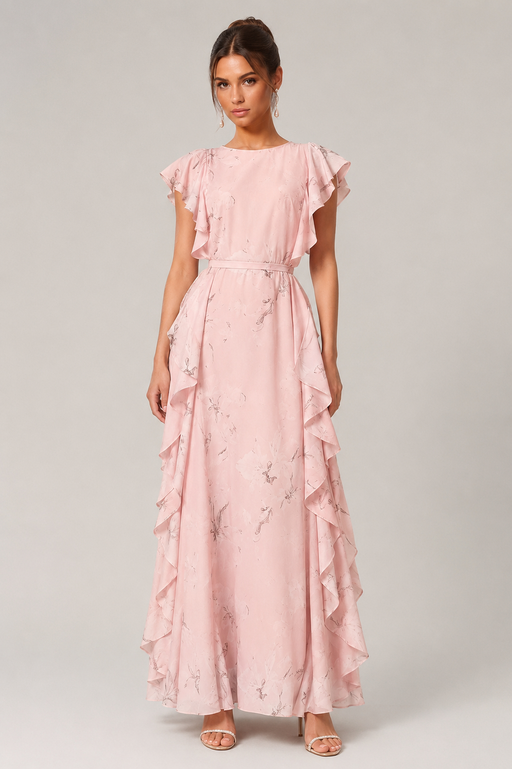 Diana Ruched Boat Neck Ruffled Waist-Cinched Slimming Short Sleeve Maxi Dress