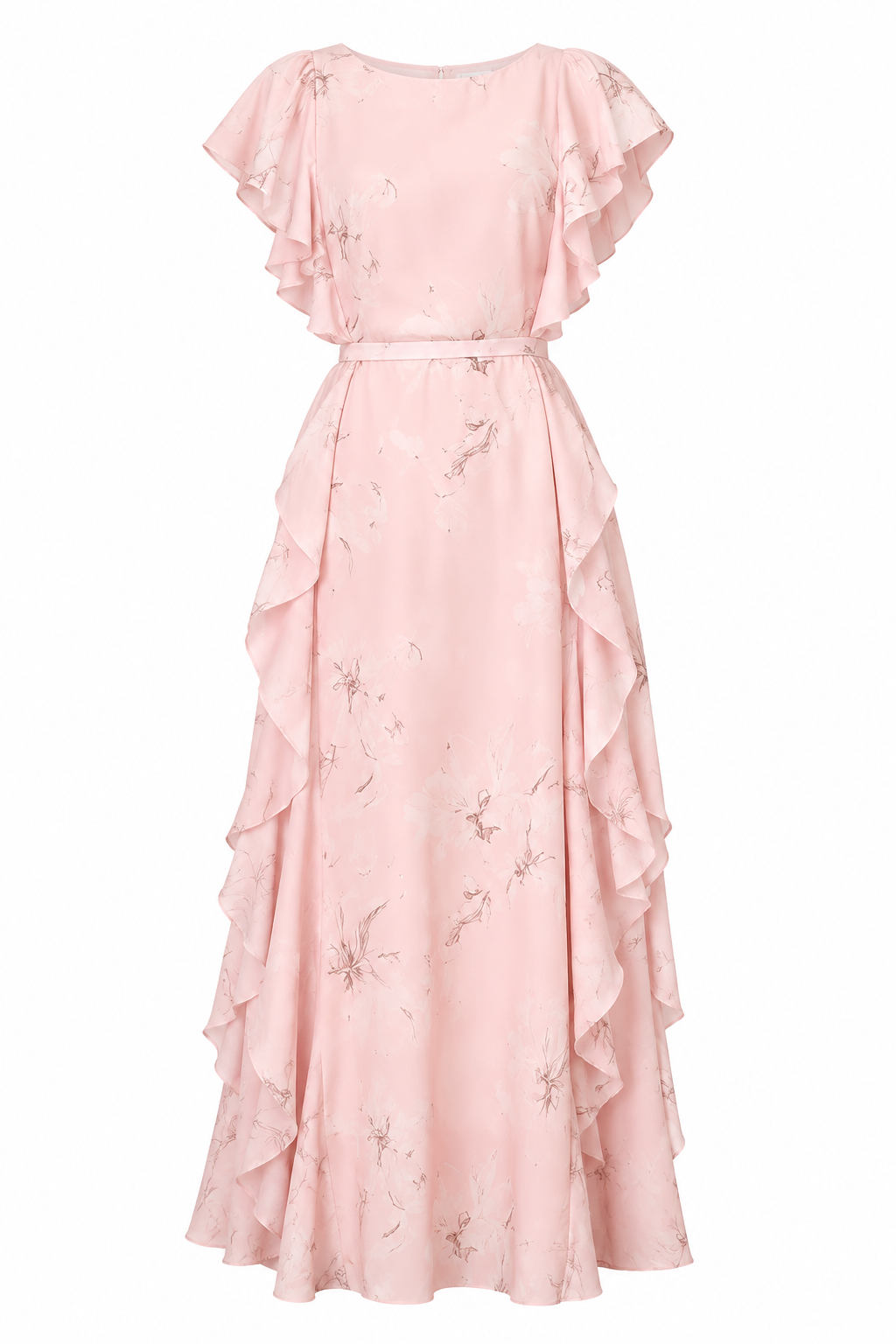 Diana Ruched Boat Neck Ruffled Waist-Cinched Slimming Short Sleeve Maxi Dress