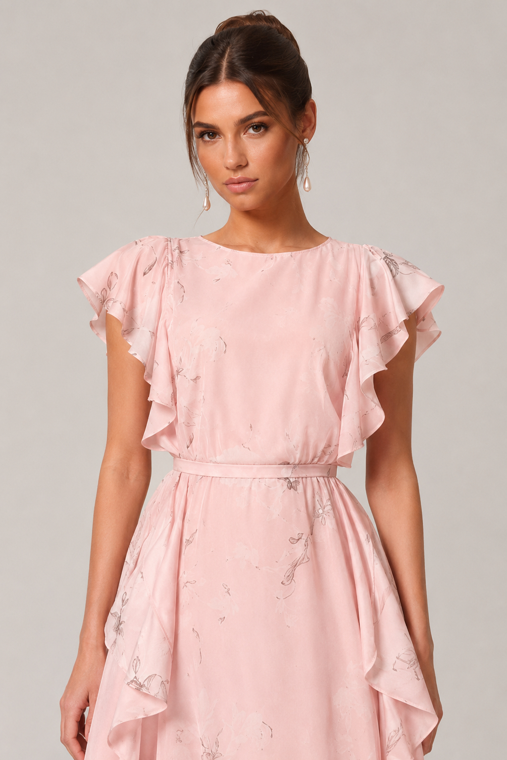 Diana Ruched Boat Neck Ruffled Waist-Cinched Slimming Short Sleeve Maxi Dress