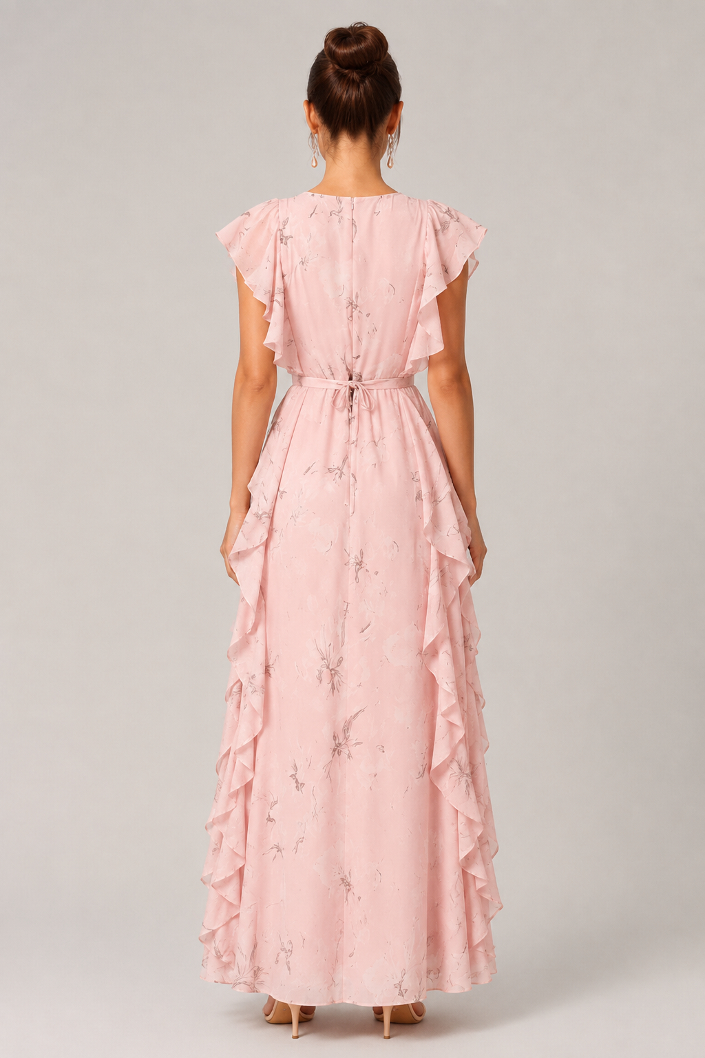 Diana Ruched Boat Neck Ruffled Waist-Cinched Slimming Short Sleeve Maxi Dress