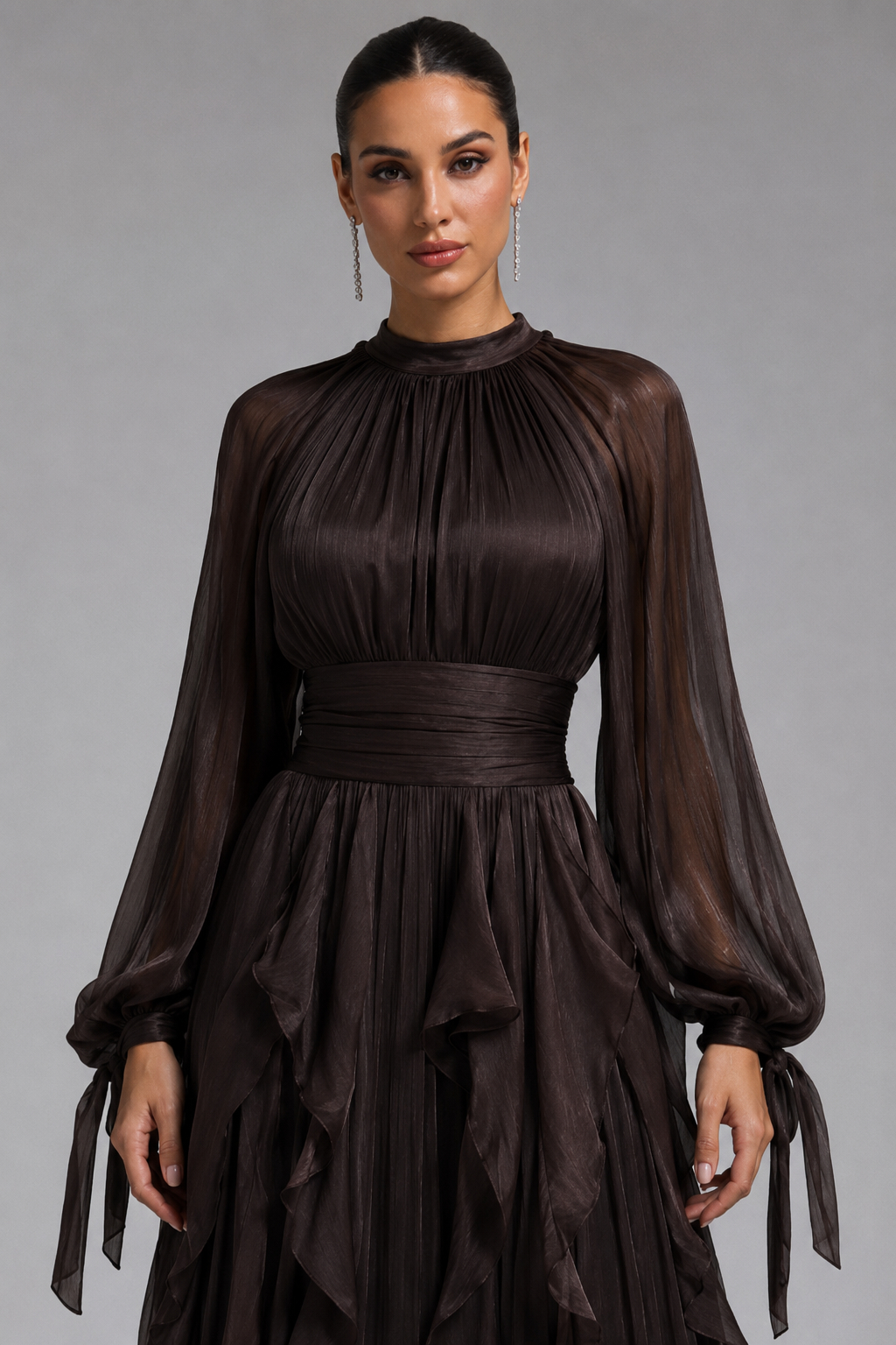Isla Vintage Elegant Long Sleeve Waist-Cinched Ruffled Maxi Dress