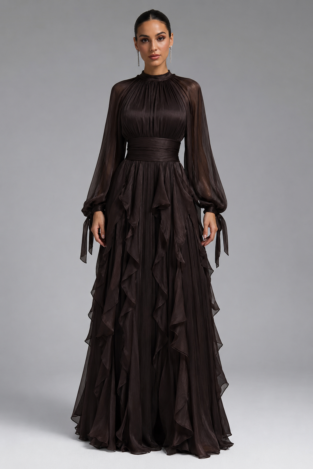 Isla Vintage Elegant Long Sleeve Waist-Cinched Ruffled Maxi Dress