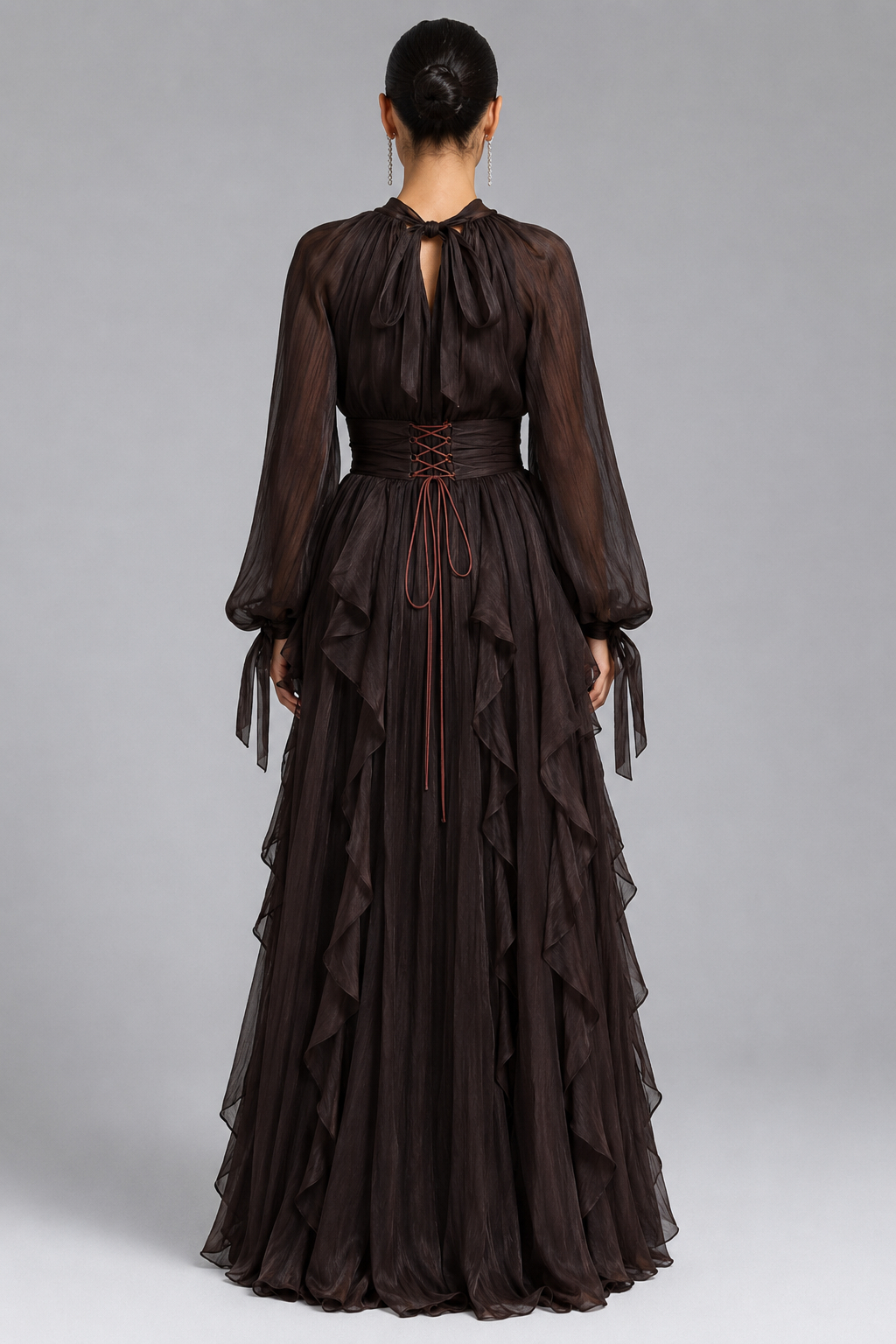 Isla Vintage Elegant Long Sleeve Waist-Cinched Ruffled Maxi Dress