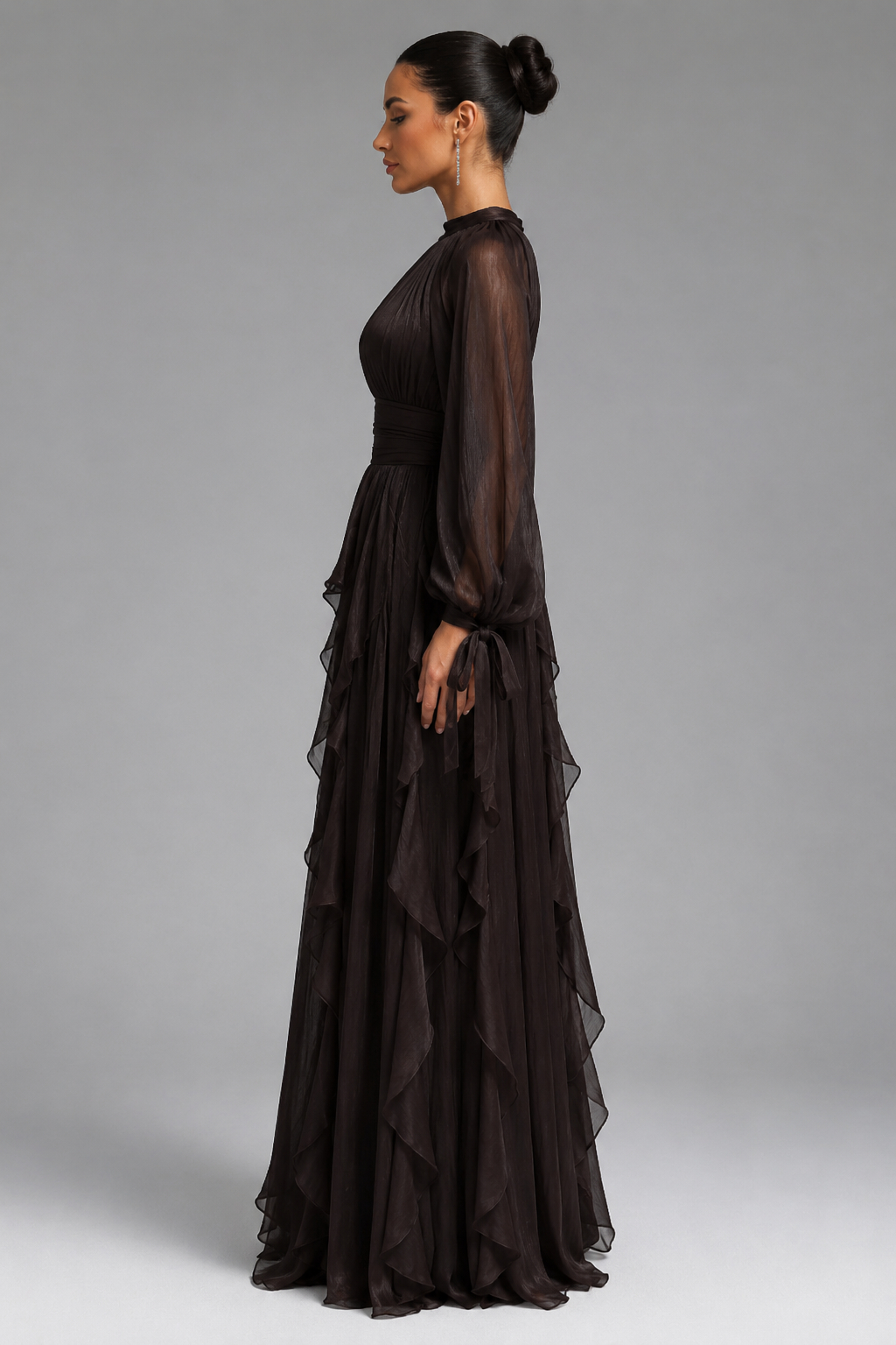 Isla Vintage Elegant Long Sleeve Waist-Cinched Ruffled Maxi Dress