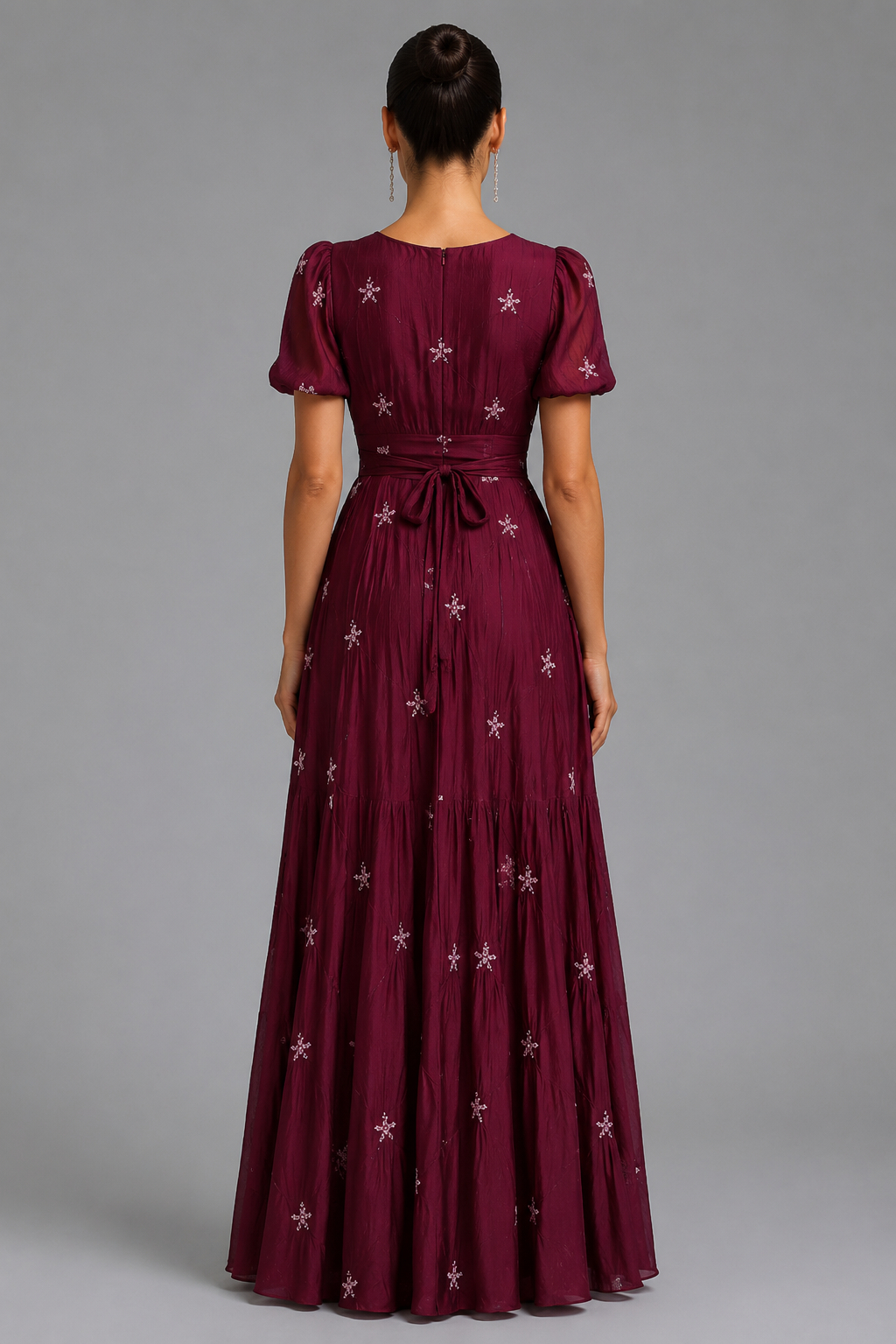 Ursula Short Sleeve Printed Waist-Cinched Tie Belt Elegant Maxi Dress